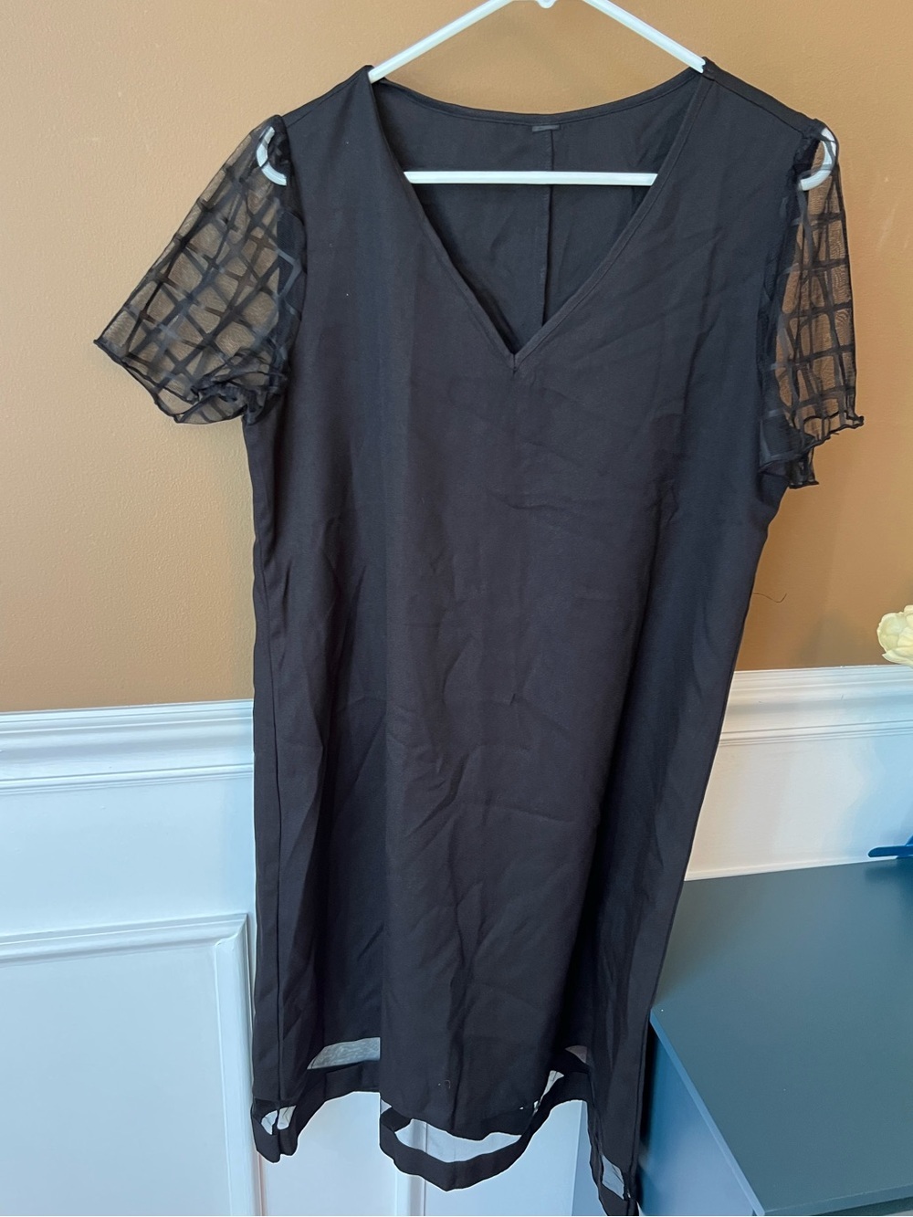 Source Unknown Black Mini Dress with Sheer Checkered Sleeves Size L Cocktail LBD